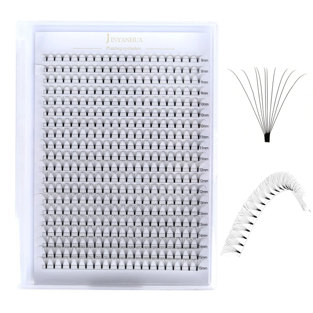 Short Stem 3D-12D Volume False Eyelashes, 0.07mm Soft, 8-15mm Mixed Length, Natural Flat