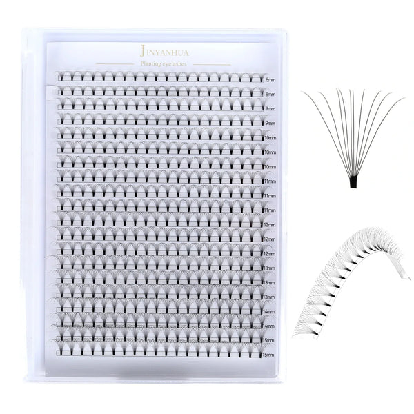 Short Stem 3D-12D Volume False Eyelashes, 0.07mm Soft, 8-15mm Mixed Length, Natural Flat