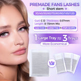 Short Stem 3D-12D Volume False Eyelashes, 0.07mm Soft, 8-15mm Mixed Length, Natural Flat